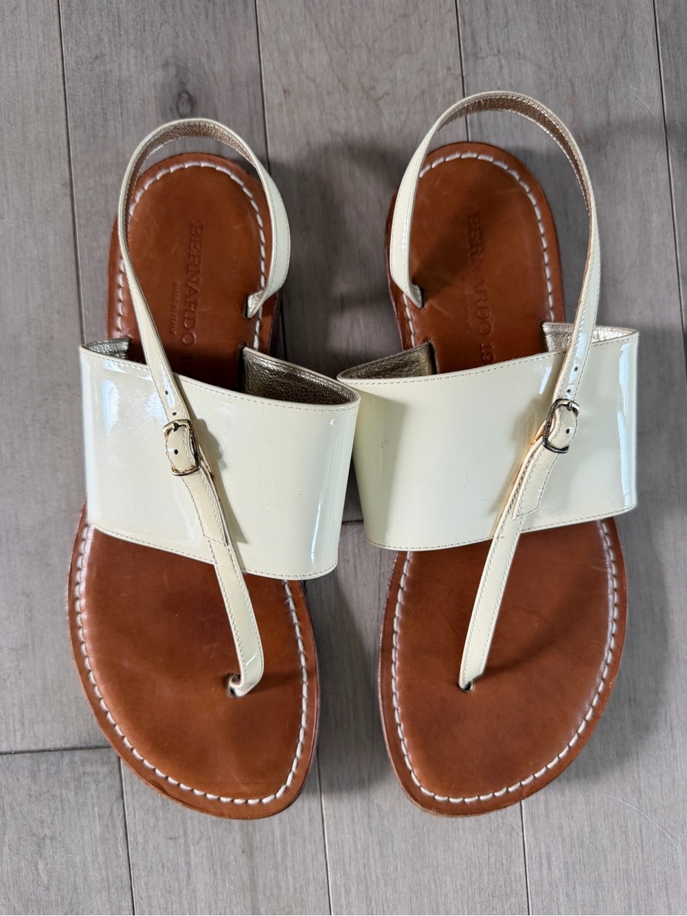 Bernardo Ivory Patent Leather Wide Strap Slingback Sandals